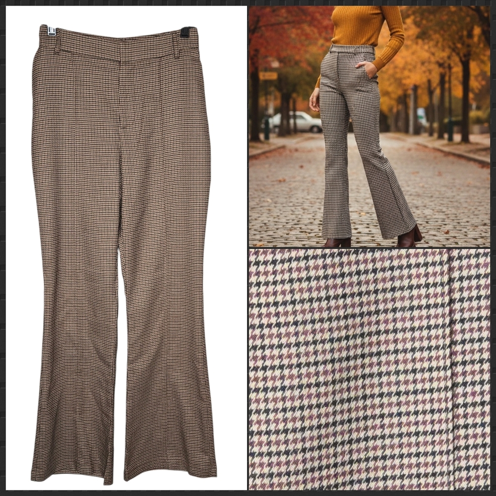 7FAM Houndstooth High‎ Waist Flare Pants 70s Retro Dark Academia Trousers Size 6